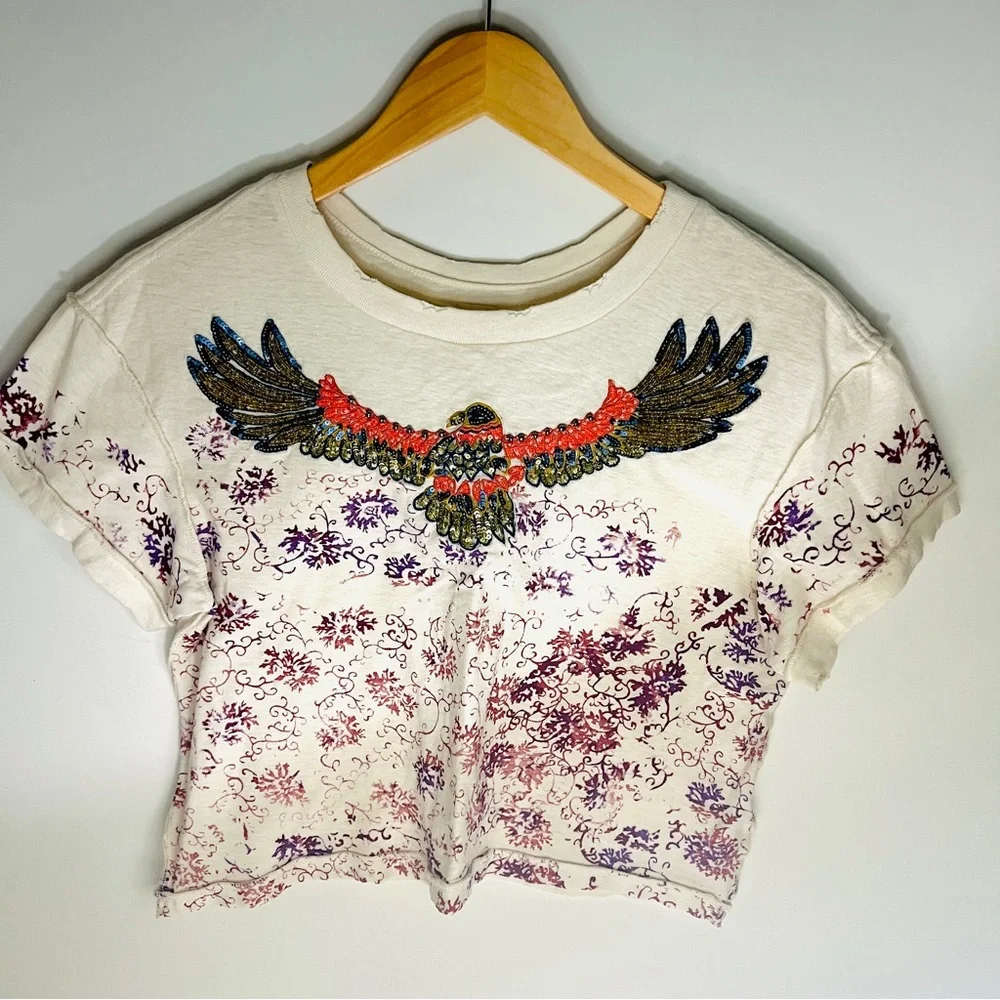 FREE PEOPLE sequin eagle crop tee sz Small - Picture 5 of 7